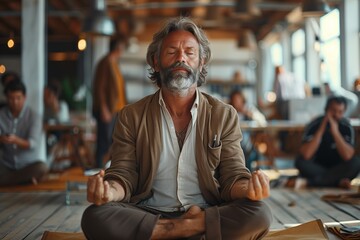 At the event, a man with a beard and moustache is sitting crosslegged with his eyes closed. He is sharing a peaceful moment on the wooden floor - obrazy, fototapety, plakaty