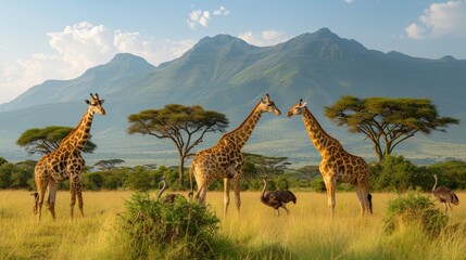 Giraffidae grazing in a field with mountains, under a cloudy sky