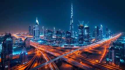 Fototapeta na wymiar Dubai's spectacular nighttime skyline features the city's highways and skyscrapers, highlighting its modernity and vibrancy