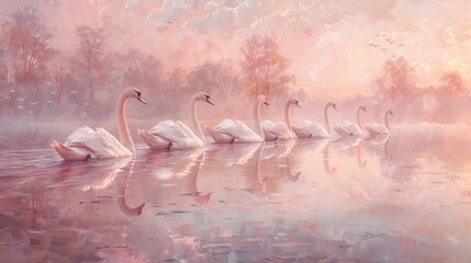 A serene painting of water birds swimming in a lake at sunset