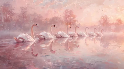  A serene painting of water birds swimming in a lake at sunset © yuchen