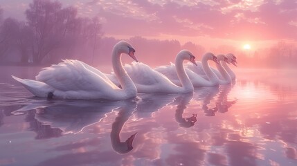 a flock of swans are swimming in a lake at sunset