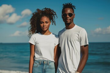 A man and woman are standing on a beach, both wearing white shirts - Powered by Adobe