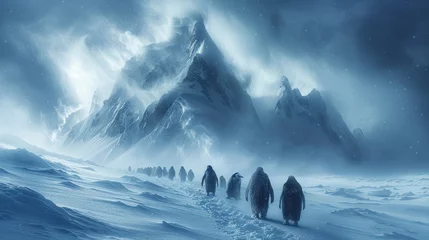 Fotobehang Penguins walking in snow with mountain backdrop, under cloudy sky © yuchen