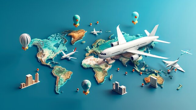 Global travel via airplane is depicted in 3D web vector illustrations, showcasing trips across various countries and travel pin locations on a global map