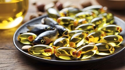 Omega-3 Source: Supplemental Fish Oil, Offering Vital Fatty Acids for Heart Health and General Welfare.