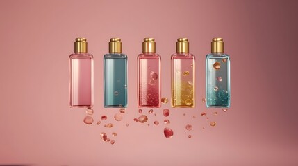 an image using AI technology that features a captivating, dynamic shot of 5 cosmetic bottle mockups, giving the illusion of them being suspended in mid-air