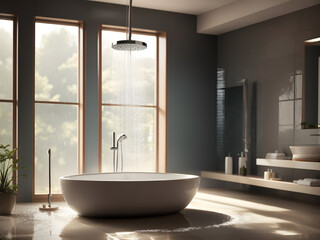 The elegant rainfall shower head in a steamy bathroom - An image of an artistic rainfall shower head in a steamy bathroom, symbolizing tranquillity in a modern design