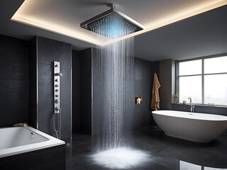The elegant rainfall shower head in a steamy bathroom - An image of an artistic rainfall shower head in a steamy bathroom, symbolizing tranquillity in a modern design