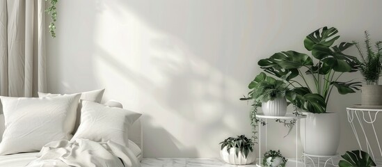 Modern Scandinavian style bedroom corner with artificial plants on white metal side table in white ceramic marble pattern paint - cozy interior design concept