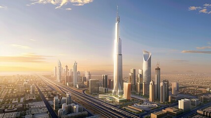 Riyadh's landscape is presented during the day, with a focus on the Kingdom Tower and the city's expanding skyline