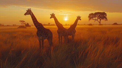 Three Giraffidae standing in natural landscape at sunset, happy and peaceful