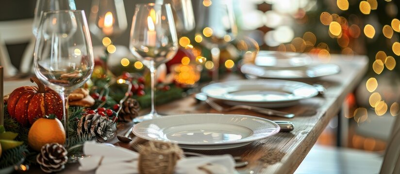 Table setting for hosting guests and serving meals at a festive gathering.