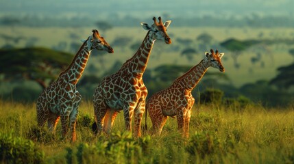 Three Giraffidae stand together in grassland habitat