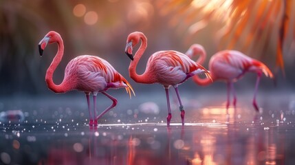 A group of greater flamingos standing in the water