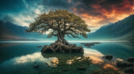 Paisaje con un viejo roble en medio de un lago entre las montañas al atardecer - obrazy, fototapety, plakaty