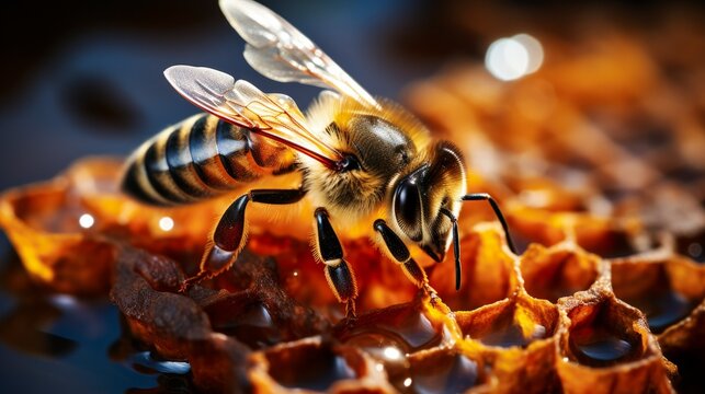 A bee digs into a honeycomb that contains honey.