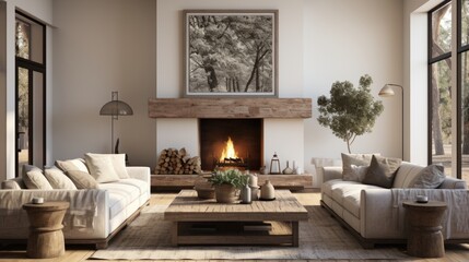 Bright minimalistic interior with a fireplace, a white wall, a sofa and wooden furniture.