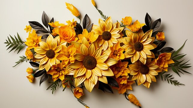 Floral composition with sunflowers and leaves on a white background.