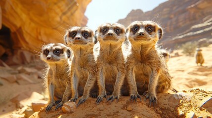 Meerkats perched on a desert rock showcase natural adaptation in arid landscape - obrazy, fototapety, plakaty