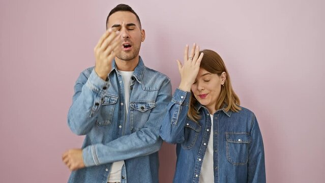 Oops! beautiful couple in denim shirts standing over pink isolated background, remembering their blunder. hand on head for the memory mess-up, regret filling their minds.