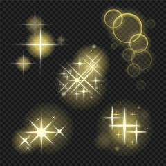 Sparkle light effect. Star shining blinks with highlight effect. Gold twinkle bokeh glitter and sequins, Magic shine bright flare. Shiny glitter effect glare. Vector illustration of blinking star.