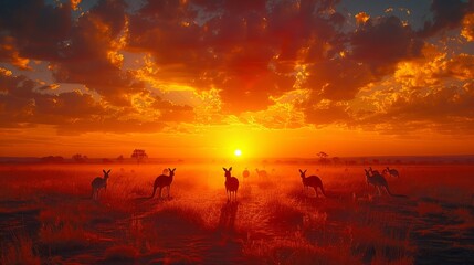 Kangaroos in field under amber afterglow sky, at dusk - obrazy, fototapety, plakaty
