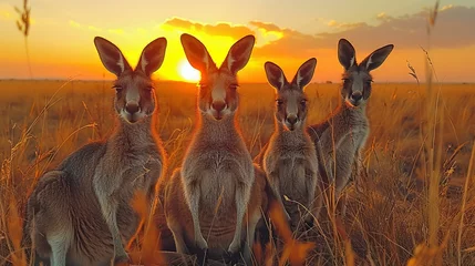 Fotobehang A group of kangaroos grazing on grass in a grassland at sunset © yuchen