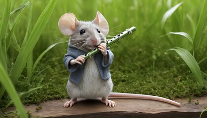 A Mouse Musician Playing A Blade Of Grass Flute