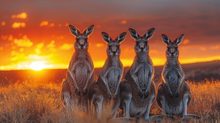 Kangaroos gathered in grassy plain at sunset, happy in natural landscape