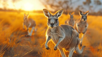 A herd of kangaroos bounding across a grassy field at sunrise