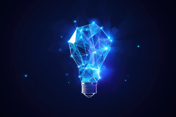 Abstract blue glowing light bulb. Polygonal style design. Abstract geometric background. Wireframe light connection structure. - obrazy, fototapety, plakaty