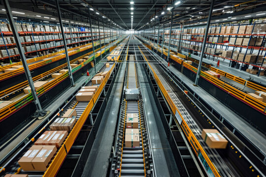 Modern Automated High Rack Warehouse Facility Illuminated Busy Logistics Hub