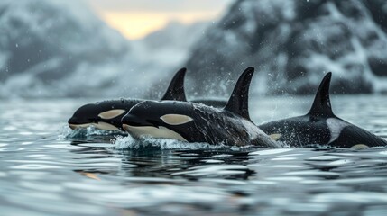 A pod of killer whales with their fins cutting through the water