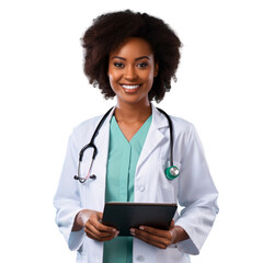 Smiling African American female doctor with stethoscope and holding a clipboard, isolated on transparent background