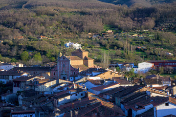 Panoramic view of Hervas from the church to the convent, roofs and mountain horizontally