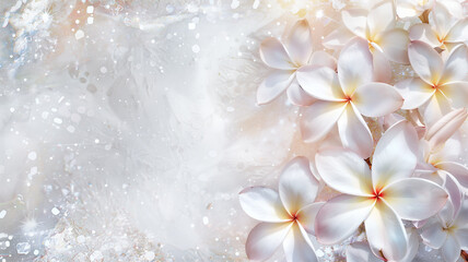 Plumeria flowers with glitter bokeh background. Copy space.