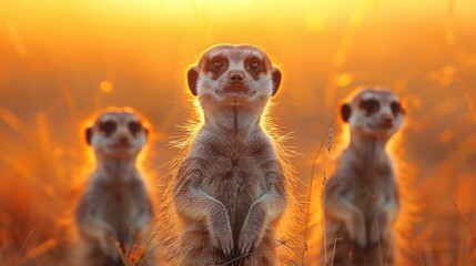 Three meerkats stand together in a field at sunset
