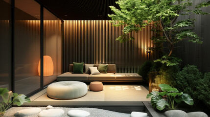 Modern Japanese Style Interior Design of Outdoor Courtyard, Lounge with Sofa, Cushion, Ottoman. Wood Siding with Built-In Lighting on Back Wall. Zen Garden. Natural Trees, Plants, Stones. 
