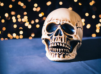 scary skull with lights in background horrible - obrazy, fototapety, plakaty