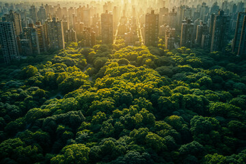 Fototapeta na wymiar Lush parkland contrasts with cityscape in the golden light of dusk for earth day