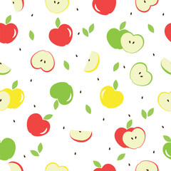 Different colors of apples vector seamless pattern. Whole apples, slices, leaves and apple seeds pattern design. Red, green and yellow apples pattern.