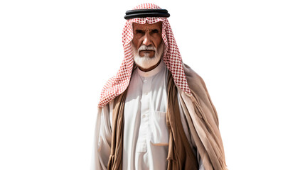 Portrait of a senior old Saudi man wearing traditional Arab clothes with serious expression, isolated on transparent background