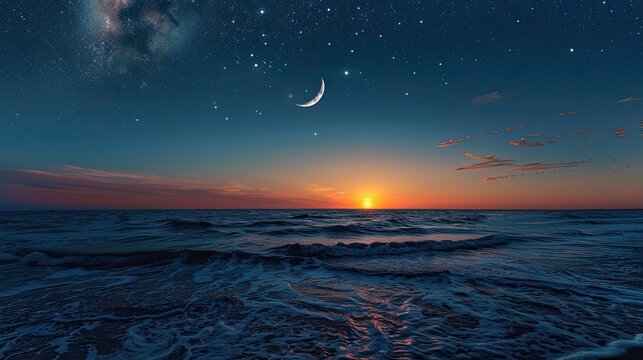 Crescent Moon Illuminates Starry Night Over the Sea