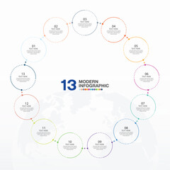Modern circle infographic with 13 steps, process or options.