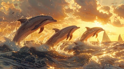 A pod of common dolphins leaping out of the water at sunset - obrazy, fototapety, plakaty
