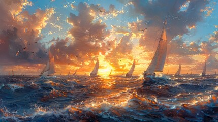 Art of sailboats on water at dusk under a canvas of cloudfilled sky - obrazy, fototapety, plakaty