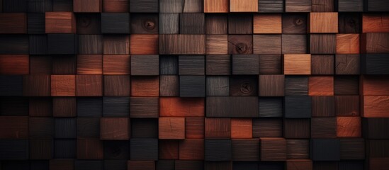 A closeup of a wooden cube wall with brown tints and shades, creating a pattern similar to brickwork. The building material adds warmth to the space
