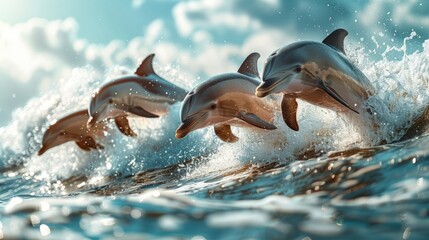 A pod of dolphins leaping through the water against a cloudy sky