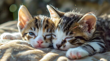 Katzen ruhen sich gemeinsam aus / Kleine Katzen sind müde / Süßes Haustier Poster / Katzen Wallpaper / Ki-Ai generiert - obrazy, fototapety, plakaty